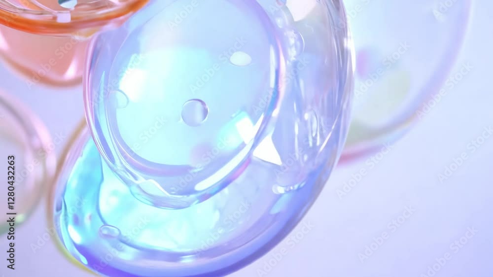Poster orbital video, camera around a central cluster of colorful soap bubbles illuminated by soft, diffuse