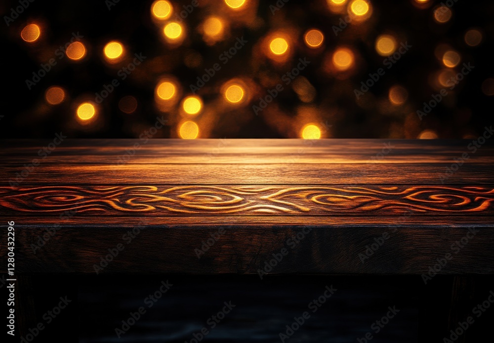 Poster rustic wooden table with intricate design against a softly blurred background of warm lights in a co