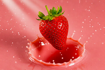 The image captures a vibrant red strawberry in mid-air just before it splashes into a pool of pink liquid. 