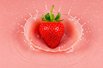 The image captures a vibrant red strawberry in mid-air just before it splashes into a pool of pink liquid. 