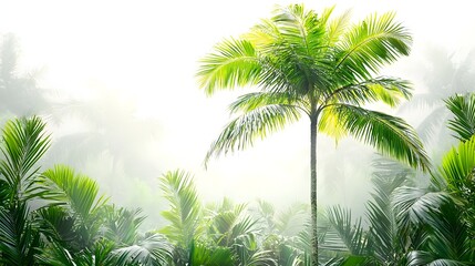 Tall and Lush Green Palm Tree with Vibrant Tropical Leaves Against a Pure White Background  Serene and Tranquil Nature Scene with Exotic Botanical Foliage