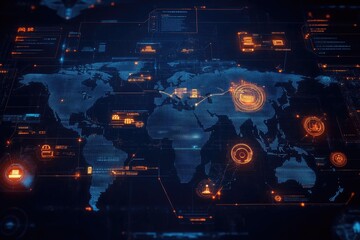 Global network visualization, data flow, world map, tech interface