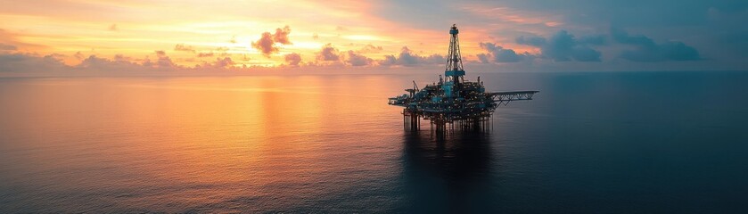 Fototapeta premium Serene Aerial View of a Jack-Up Offshore Oil Rig Bathed in Warm Light