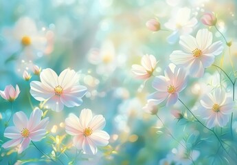 Naklejka premium Serene Floral Background with Delicate Pink and White Cosmos Flowers Bathed in Soft Light for Nature and Spring-Themed Design Projects