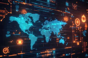 Global data network map, technology background