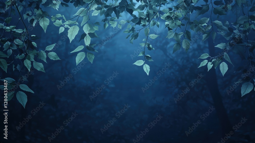 Poster elegant dark blue background with leaves creating a serene atmosphere for design projects