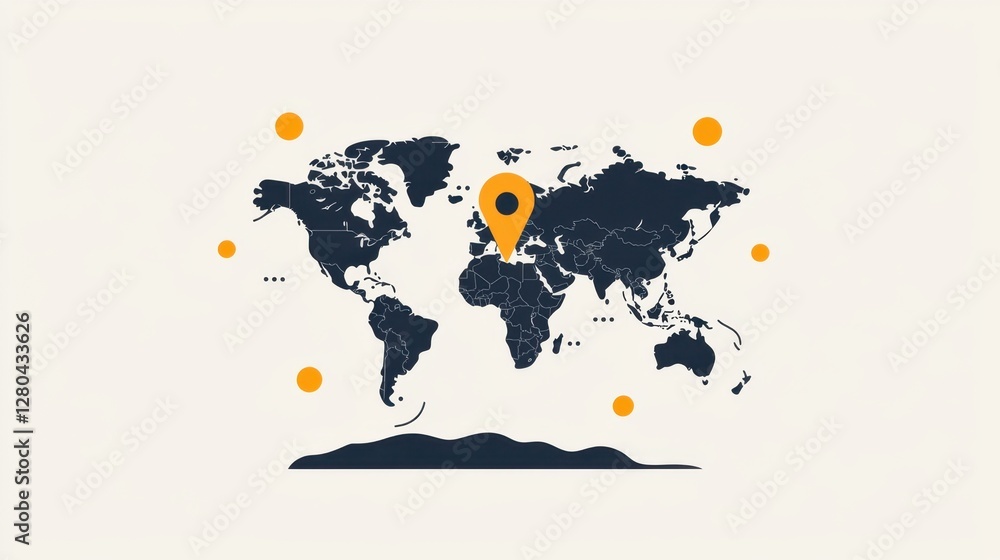 Poster illustration of a world map with a location pin symbolizing geographical positioning and global conn