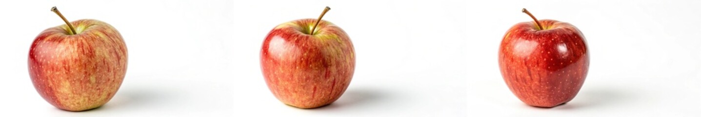 Three apples are shown in a row, with the middle one being the largest. The apples are all red and shiny, and they are placed on a white background. Concept of abundance and freshness