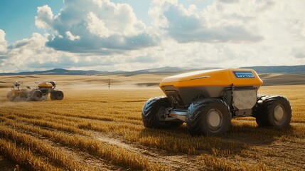 Obraz premium Two Autonomous Agricultural Vehicles Working in a Golden Field Under a Cloudy Blue Sky