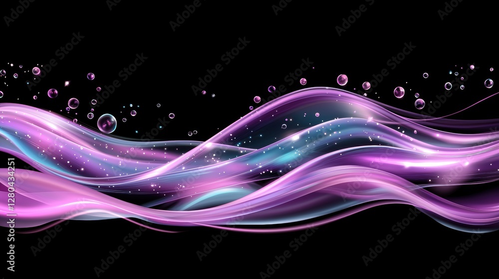 Poster iridescent waves with ribbed texture and bubbles on black background for abstract art