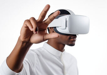 A man wearing a VR headset, making a zoom-in gesture with his fingers in mid-air.