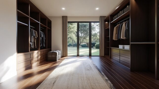 Spacious walk-in closet design with natural light and garden view