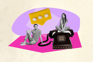 3D collage trend artwork composite sketch poster of couple young woman man sit together smile happy...