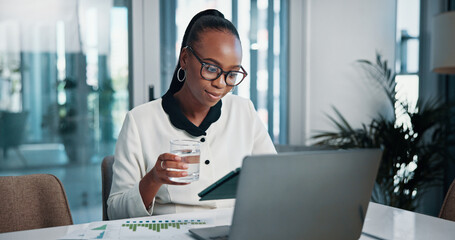 Office, review and woman with tablet, graphs and documents for revenue in company and financial...