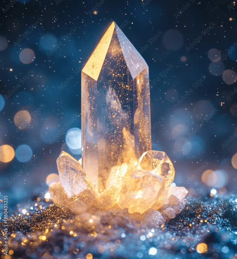 Poster shimmering crystal formation glimmering under soft light with sparkling background creating ethereal