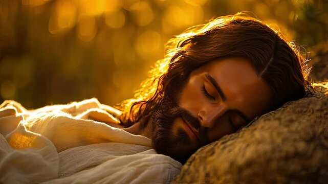A serene portrayal of a religious figure lying peacefully on a rock amidst nature as the golden sunlight casts a warm glow, creating a tranquil atmosphere during sunset, Jesus is sleeping
