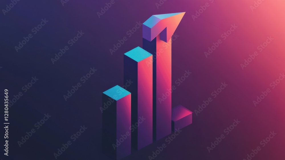 Poster abstract 3d graphic of rising bar chart symbolizing growth against a colorful gradient background