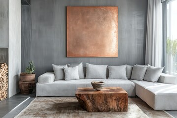 A trendy loft-style living room featuring soft gray tones, a contemporary rose gold wall art piece, a rustic wooden table, and a minimalist aesthetic