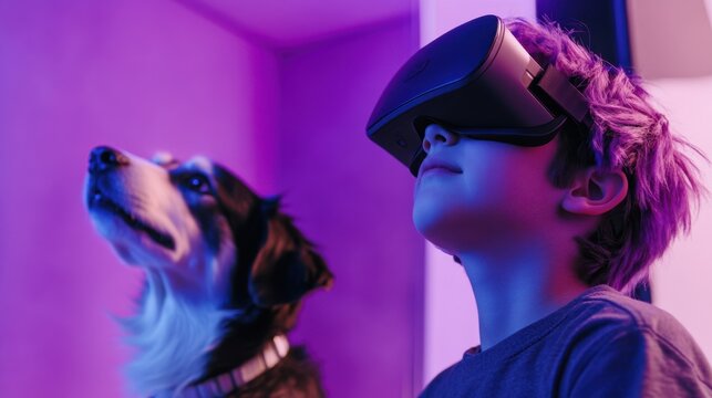 A boy with purple hair enjoying a virtual reality video