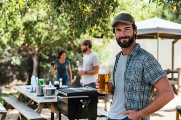 A man holding a non-alcoholic beer at a casual outdoor barbecue. Featuring inclusion and moderation