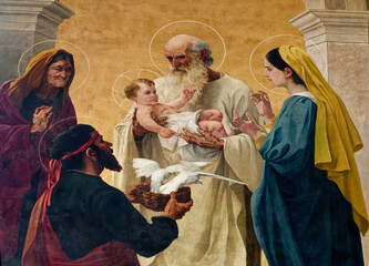 FRANCE, 2025-02-14. Fresco (19th century) of The childhood of Jesus: Presentation of Jesus at the Temple. .