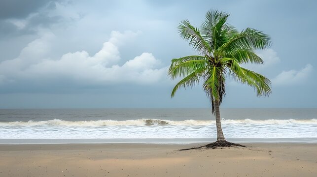 Serene image of a solitary coconut palm tree standing tall on a secluded Andaman beach with gentle waves lapping the golden sand shore under a blue cloudy sky   a perfect tropical paradise landscape