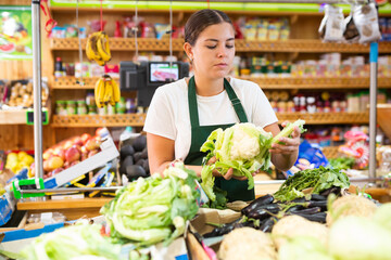 Hardworking young saleswoman working in a vegetable store puts cabbage on the counter for sale