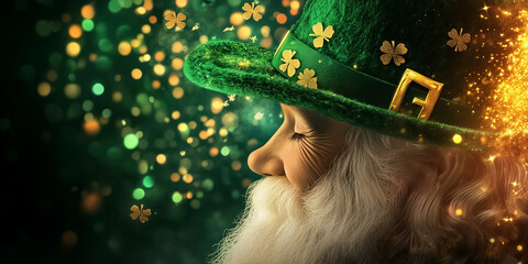 A leprechaun smiles joyfully while wearing a vibrant green hat adorned with shamrocks. The backdrop glitters with golden confetti, setting the festive mood for Saint Patricks Day celebrations