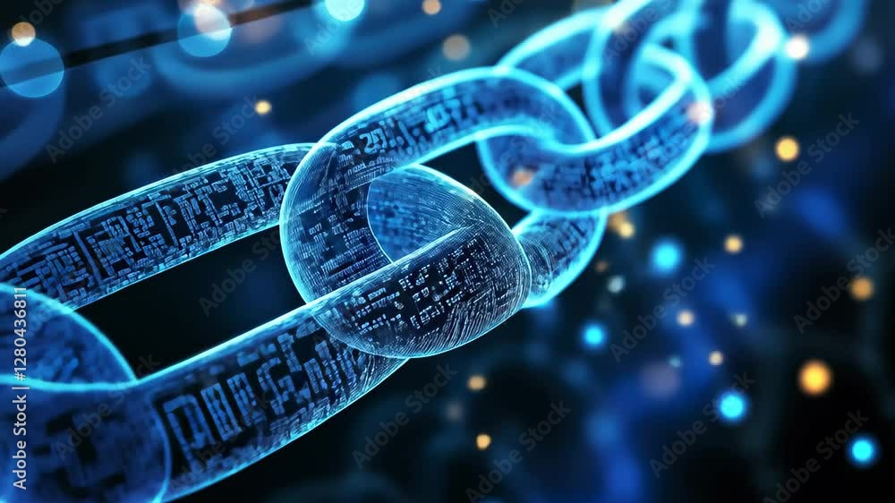 Poster innovative blockchain technology with luminous blue chains highlighting digital connectivity, blockc