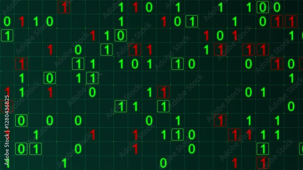 Poster green glowing binary matrix on a grid. texture animation, horizontal composition. technology motion 