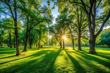 Obraz premium Cool shadows dance in the lush green summer park, a vibrant day's tranquility.