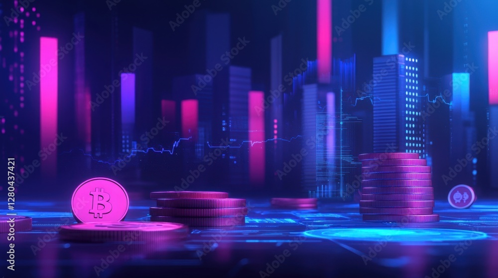 Aufkleber digital currency and futuristic cryptocurrency concept featuring bitcoin coins in a vibrant neon cit