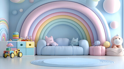 Pastel rainbow room; child's play area; toys, sofa; whimsical background