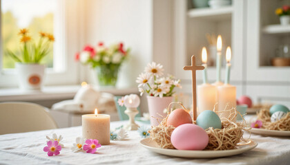 Festive Easter candle and eggs on dining table, celebration ambiance