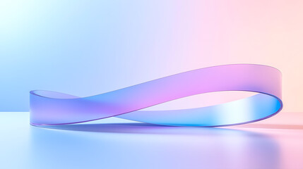 A smooth, translucent Möbius strip with a gradient of blue and purple hues, set against a soft gradient background transitioning from light blue to light pink.
