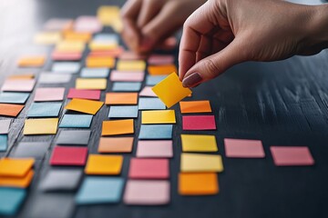 Fototapeta premium A colorful arrangement of sticky notes on a dark surface, with hands interacting with the notes, indicating brainstorming or organization.