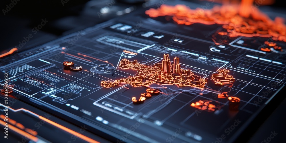 Poster a futuristic digital map displaying a cityscape in glowing orange lines, highlighting urban structur