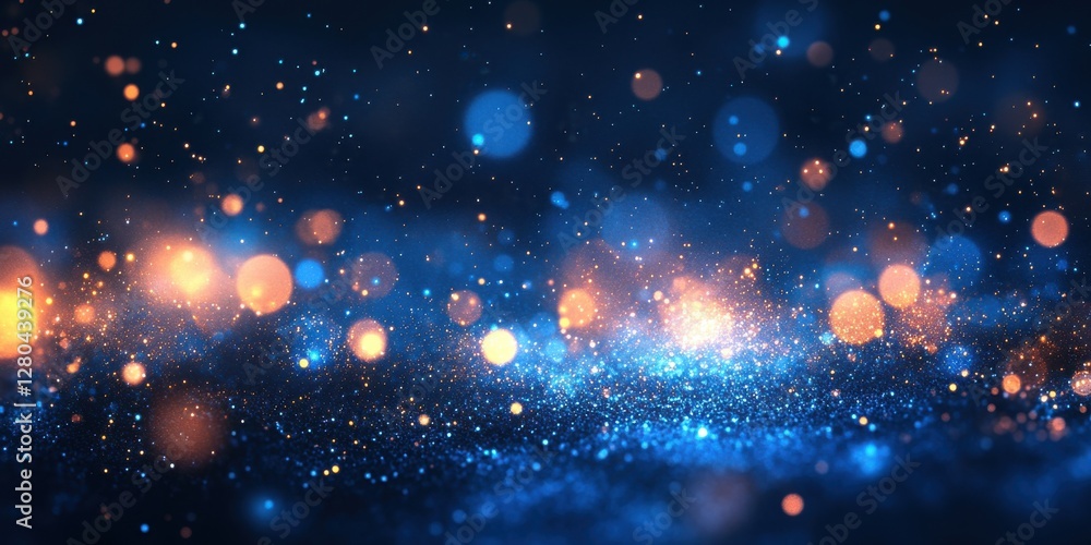 Poster shimmering particles in a dark blue background creating a magical and dreamy atmosphere with bokeh e