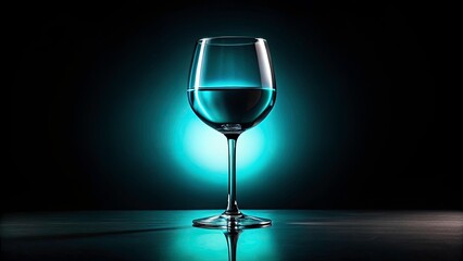 Dark, moody still life: a turquoise wine glass glows faintly, a long exposure revealing its form.