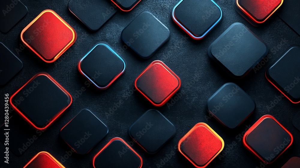 Poster abstract dark background with glowing red and blue square buttons.