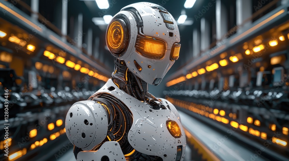 Poster an intelligent robot on a factory production line, where it is assembling parts.