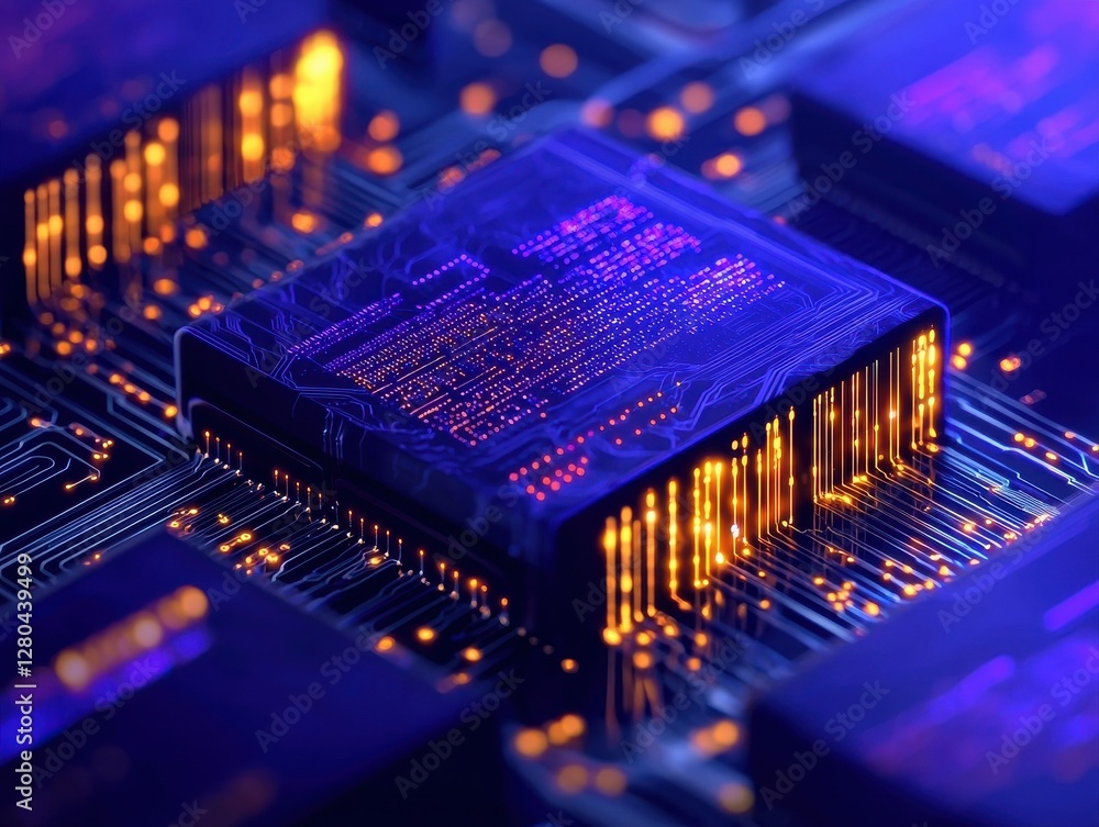 Poster a close-up of a microchip illuminated with purple and gold lights, showcasing intricate circuitry an