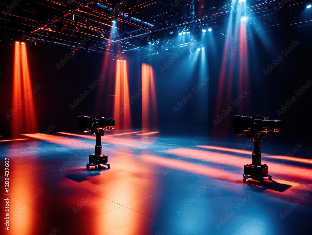 Poster a visually striking scene featuring robotic lights projecting colorful beams onto a dark stage, crea