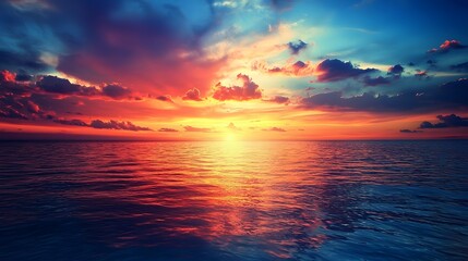 Obraz premium A peaceful and serene bay with still glowing waters reflecting the vibrant colors of a breathtaking sunset sky