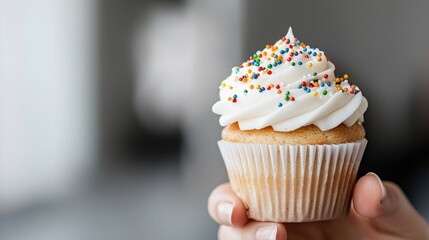 Woman holding delicious cupcake with sprinkles, blurry background, sweet treat