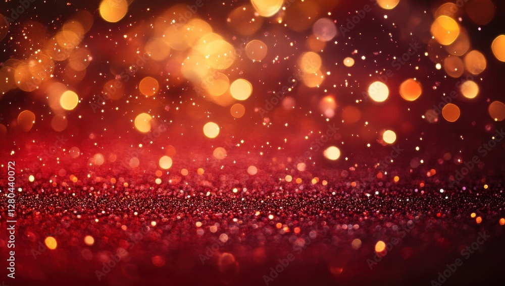 Poster shimmering red and gold bokeh with glittering particles creating a magical and festive background fo