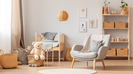 Modern baby nursery with light gray walls, wooden furniture, and soft pastel colors, featuring a cozy armchair, crib, and toys, creating a warm and inviting atmosphere.