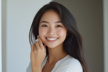 Fototapeta premium Joyful smiling woman portrait indoor setting lifestyle photography natural lighting warm environment positive vibes