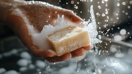 Fototapeta premium Hand Holding Natural Soap Bar with Bubbles and Flowing Water Detail