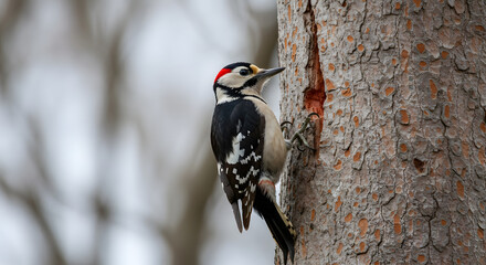 Great Spotted Woodpecker, A forest acrobat perched on a textured pine trunk